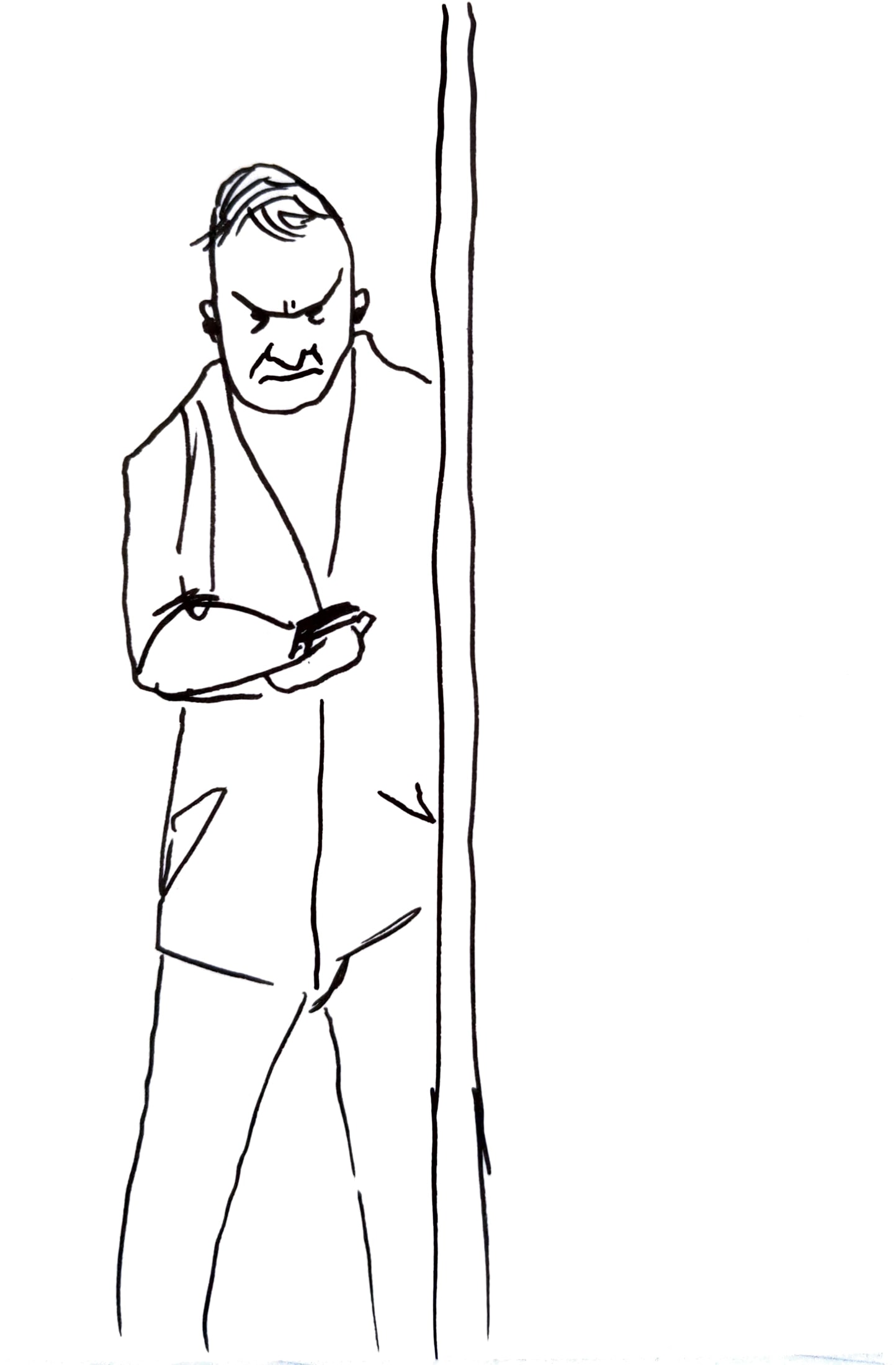 Pen drawing of an old angry man looking at his phone next to a tall pole.